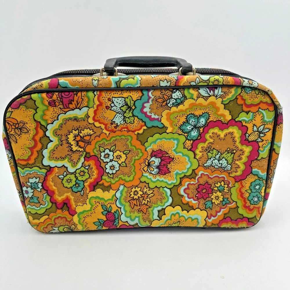 VTG Floral Suitcase 60's 70's Flower Power Retro Paisley Suit Case Made in Japan